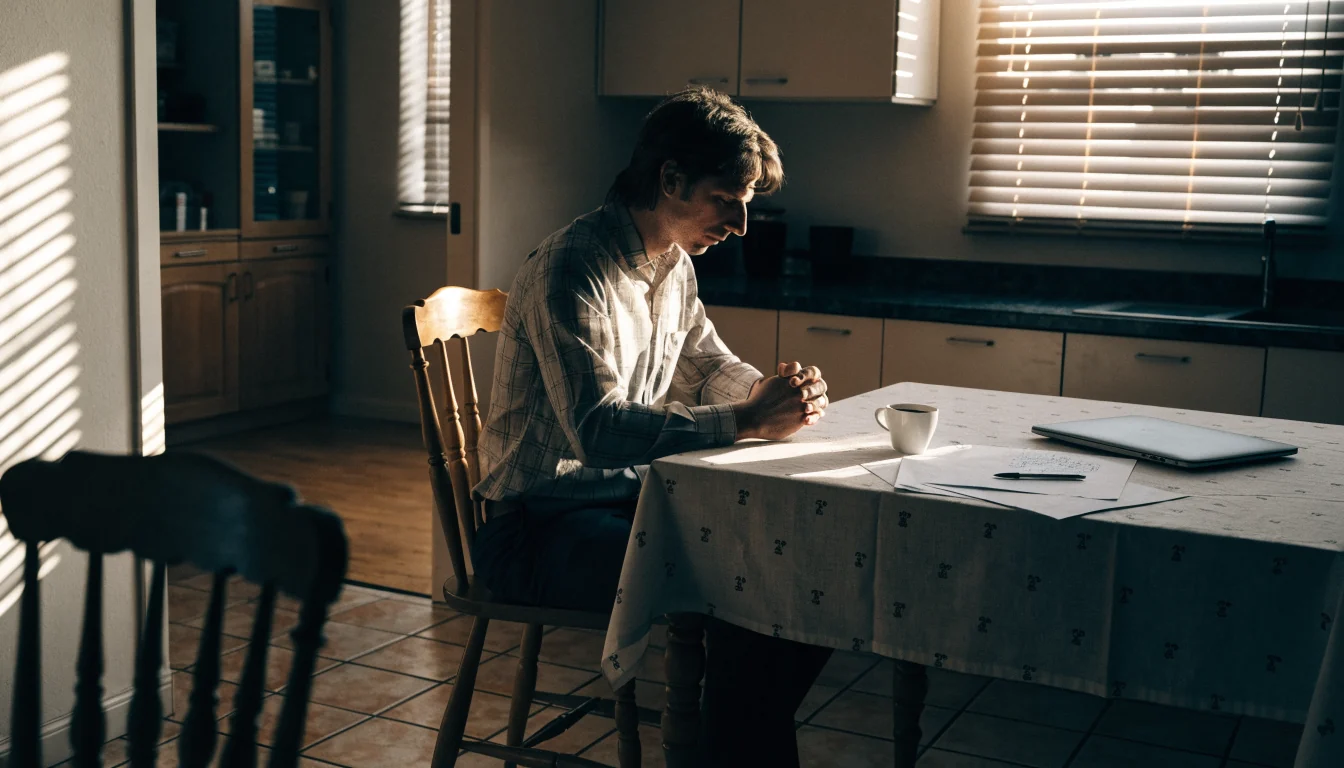 Man reflecting at kitchen table with notes and closed laptop, Australian suburban interior, afternoon light.