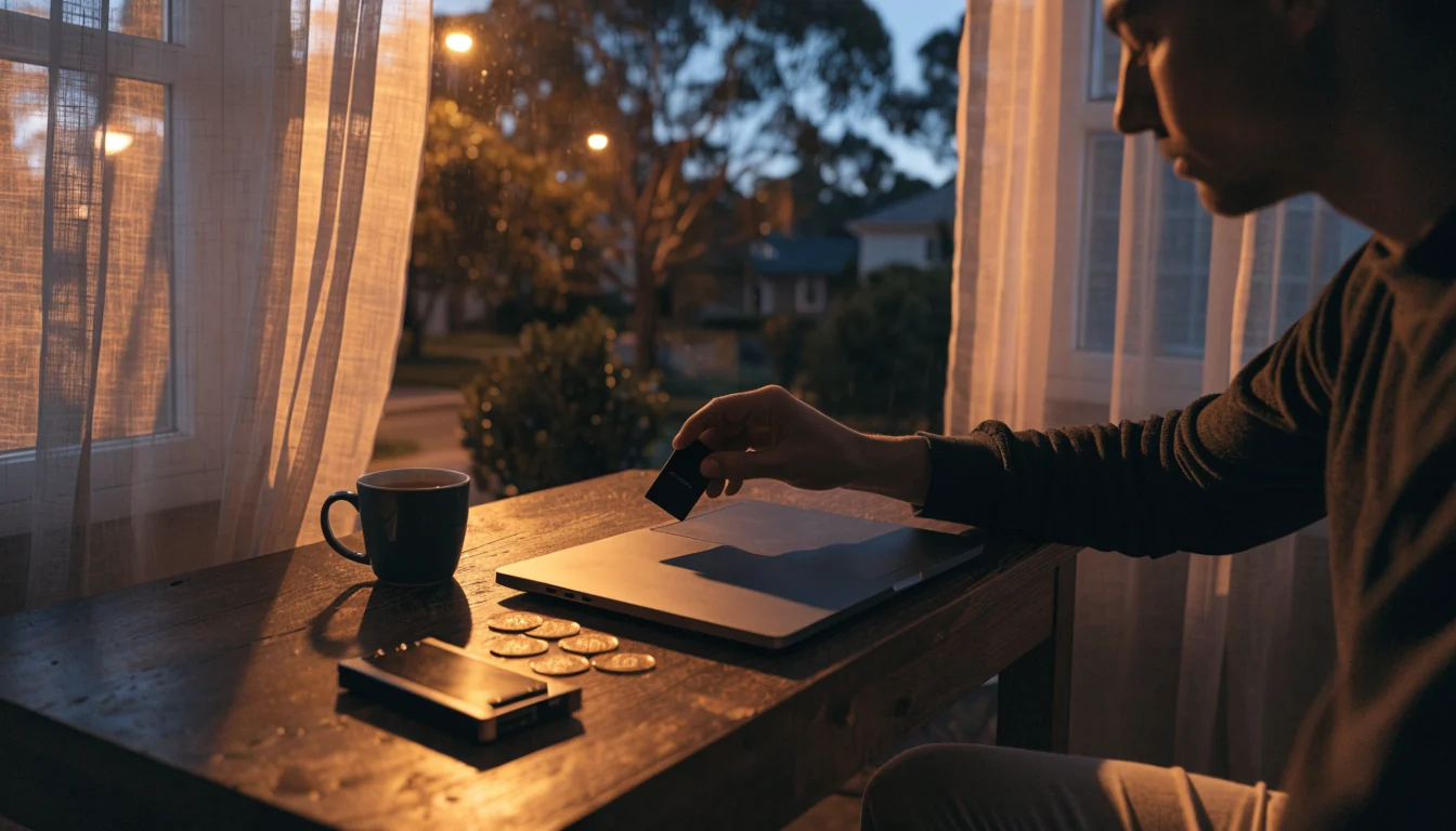Person using a hardware crypto wallet at a dim home desk in Australia