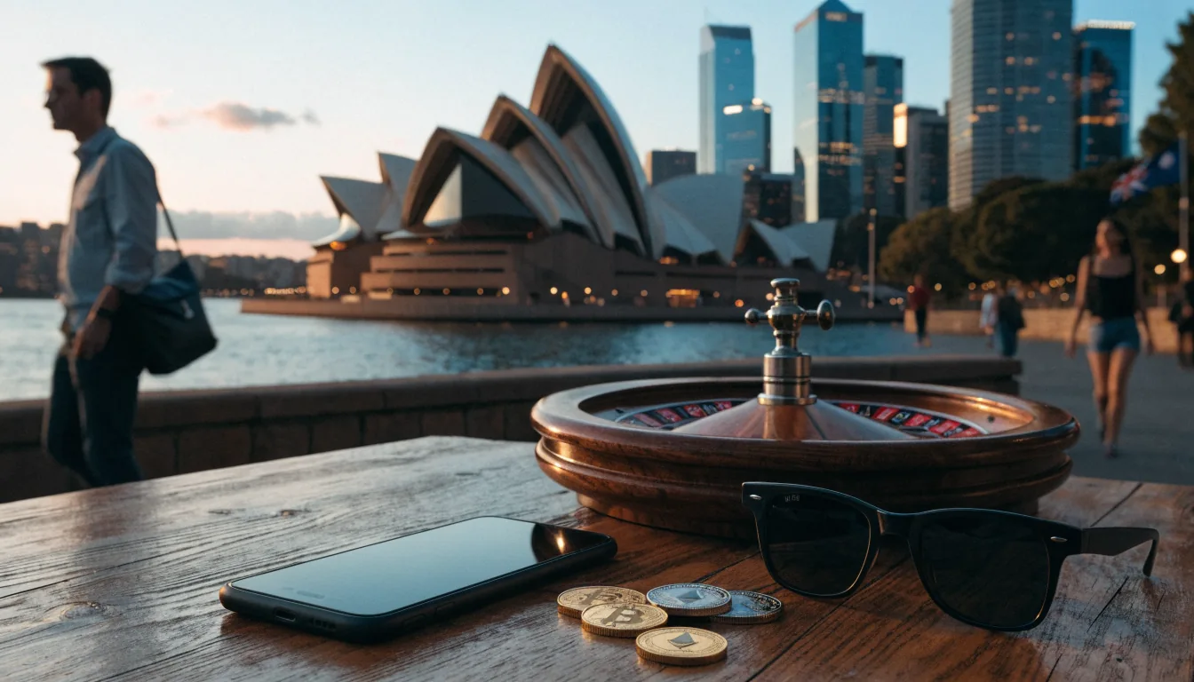 Sydney harbor at dusk, roulette wheel and crypto coins on a table