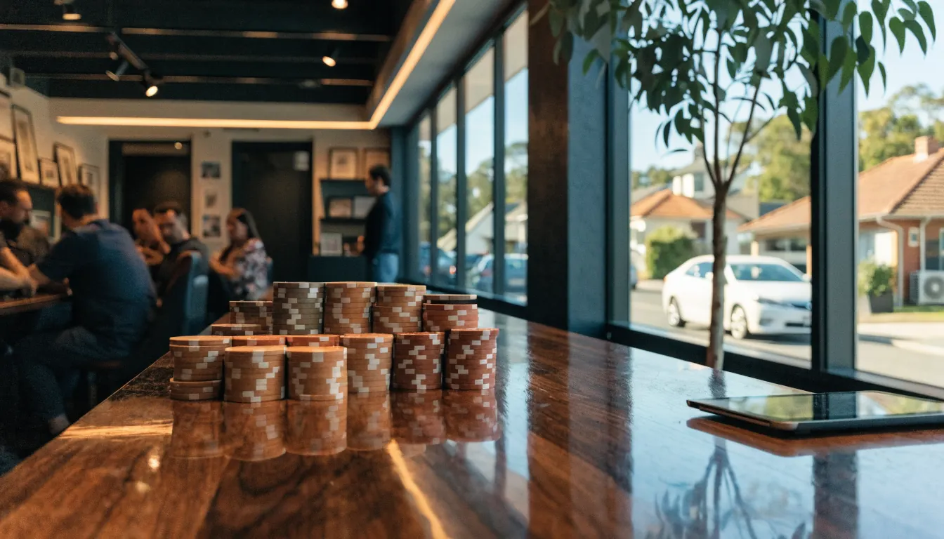 Australian gaming lounge interior with stacked chips and a closed tablet on a wooden counter.