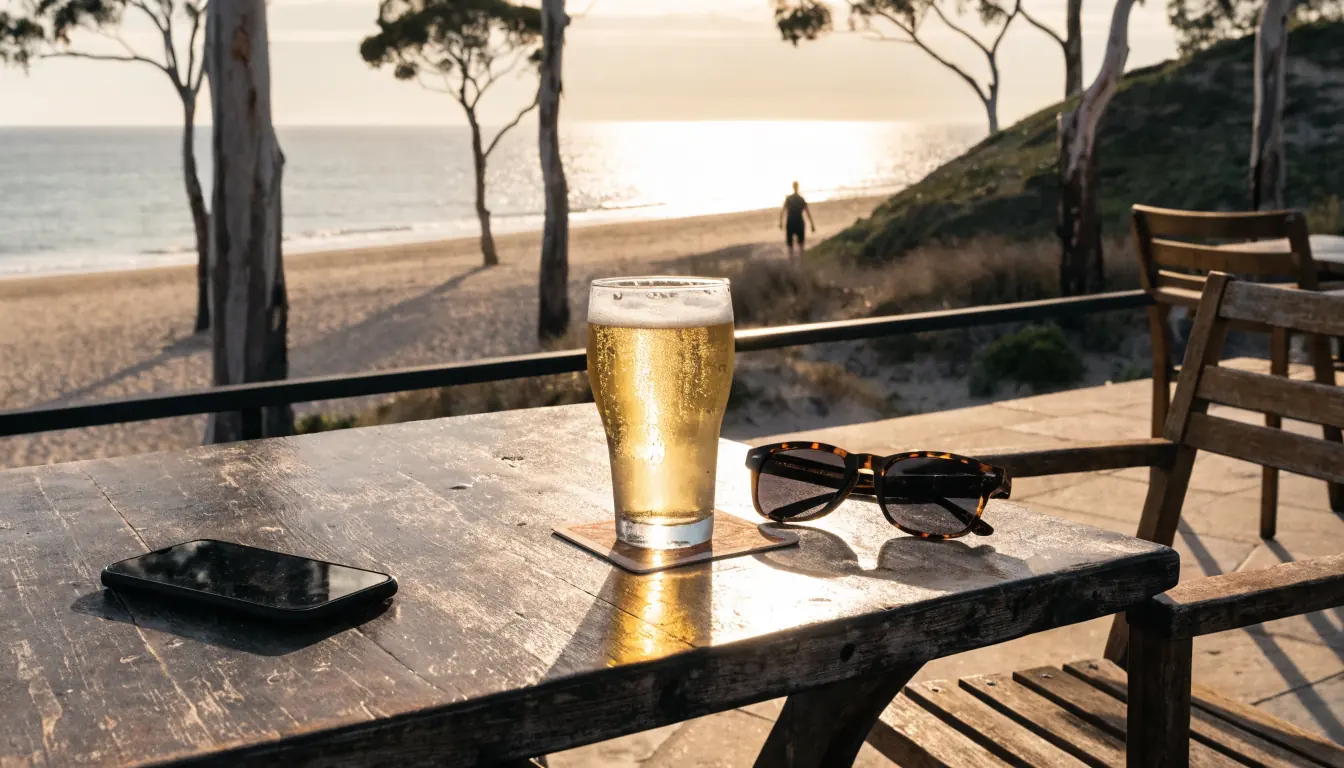 Smartphone face-down beside a drink on an Australian beachside terrace at golden hour