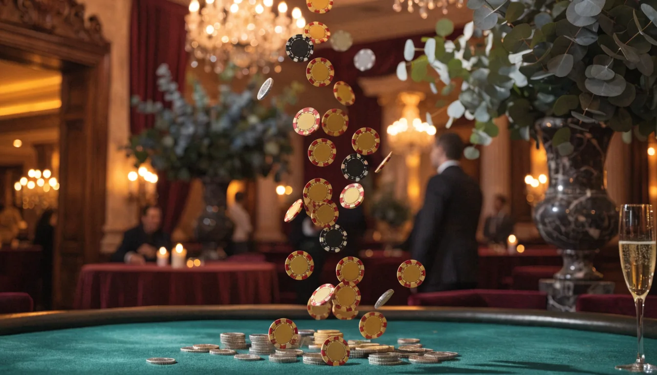 Golden casino chips and coins cascading above a felt table in an opulent Australian casino interior