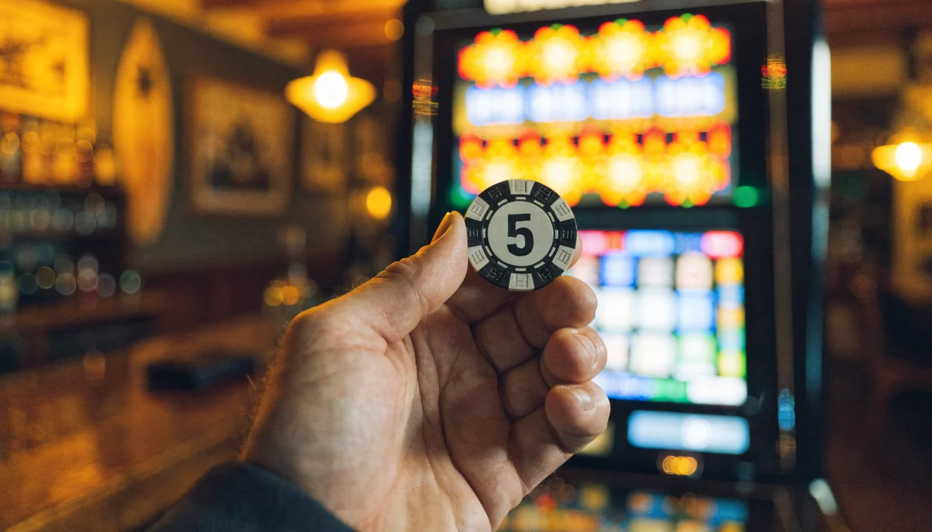 Hand holding a casino chip in front of a pokie machine in an Australian pub.