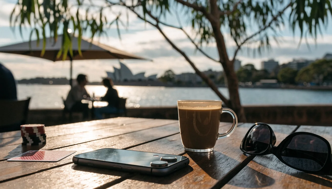 Smartphone face-down on a Sydney café table beside poker chips, coffee, and the harbour view.