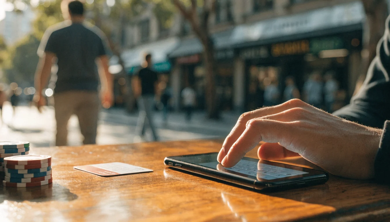 Smartphone on a cafe table with a hand entering a promo code, casino chips nearby.
