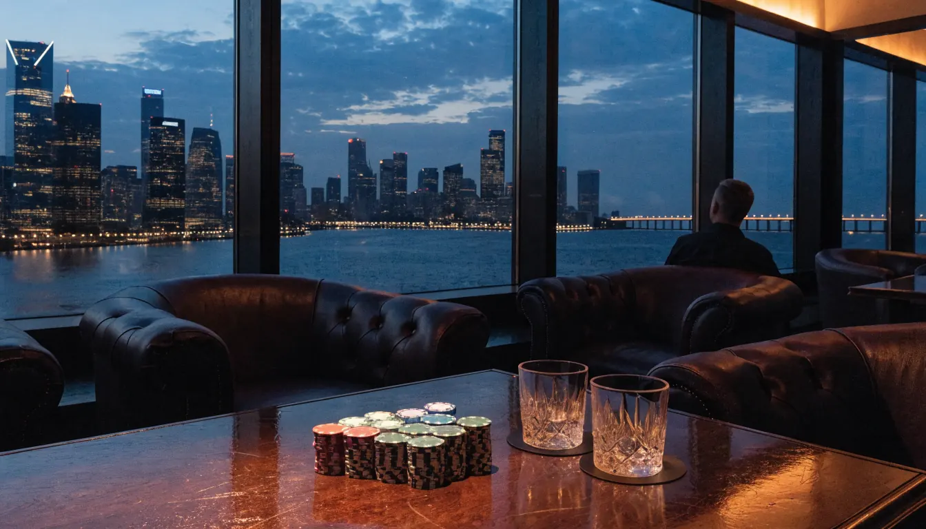 Luxurious Australian VIP casino lounge overlooking a harbor city skyline at dusk, with leather seating and casino chips.