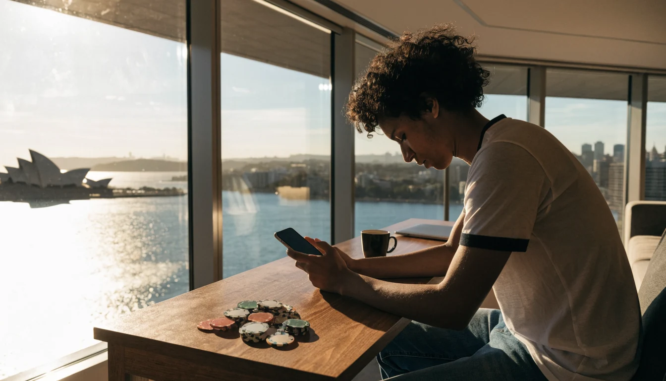 Australian player at desk overlooking Sydney harbor, holding a phone beside casino chips.