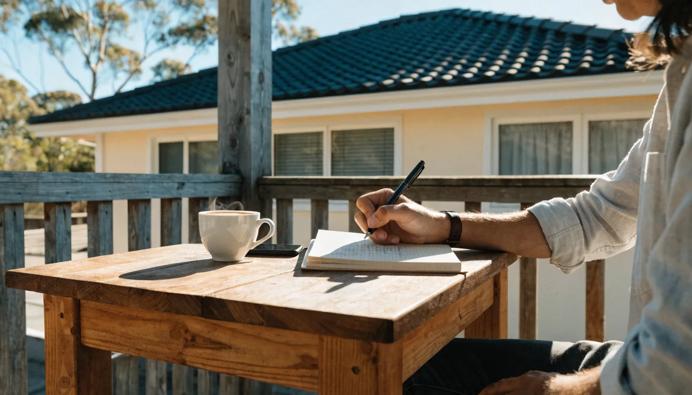 Notebook, pen, coffee, and phone on a sunny Australian veranda, suggesting writing a message to the team.