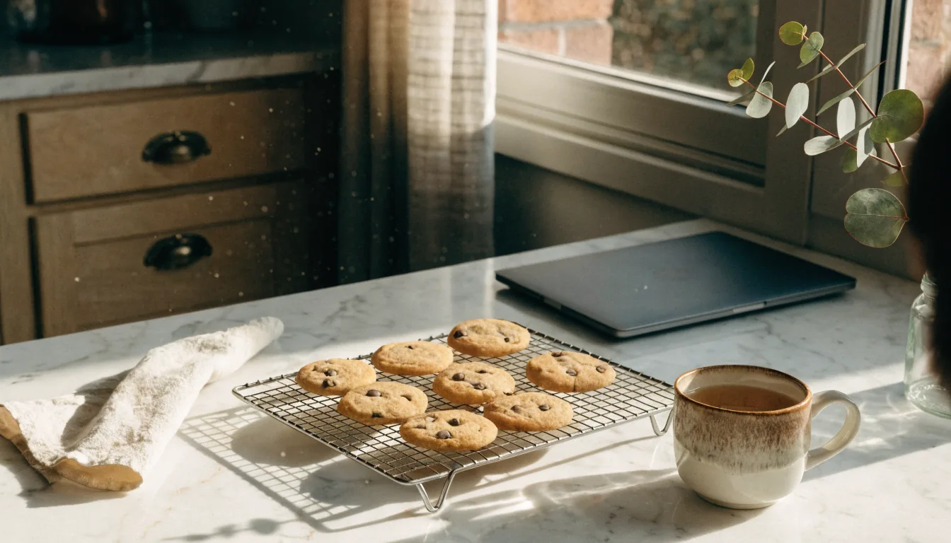 Freshly baked cookies cooling on a kitchen counter next to a closed laptop and a cup of tea.