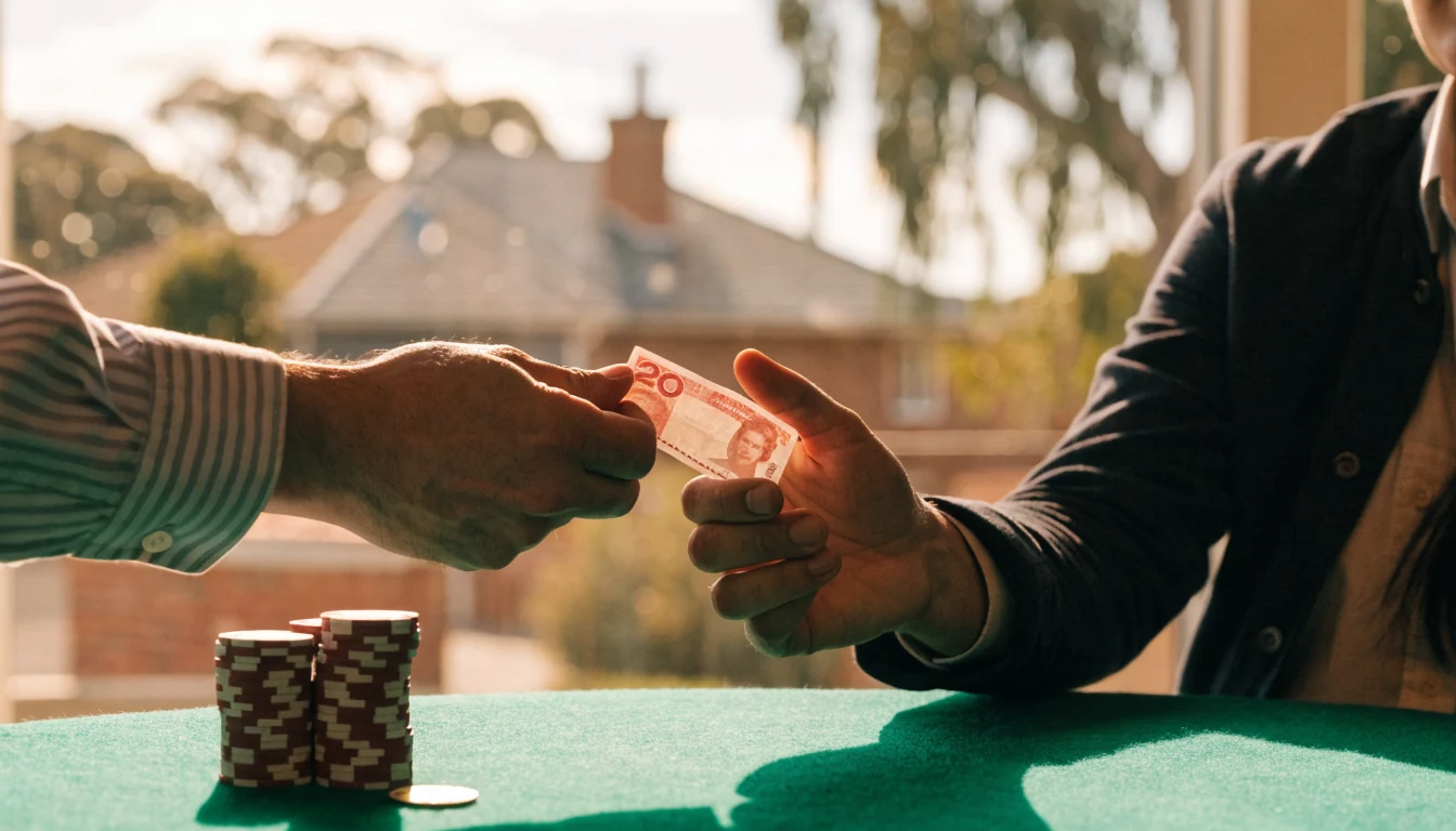Hand receiving Australian dollars and casino chips at a cashier table