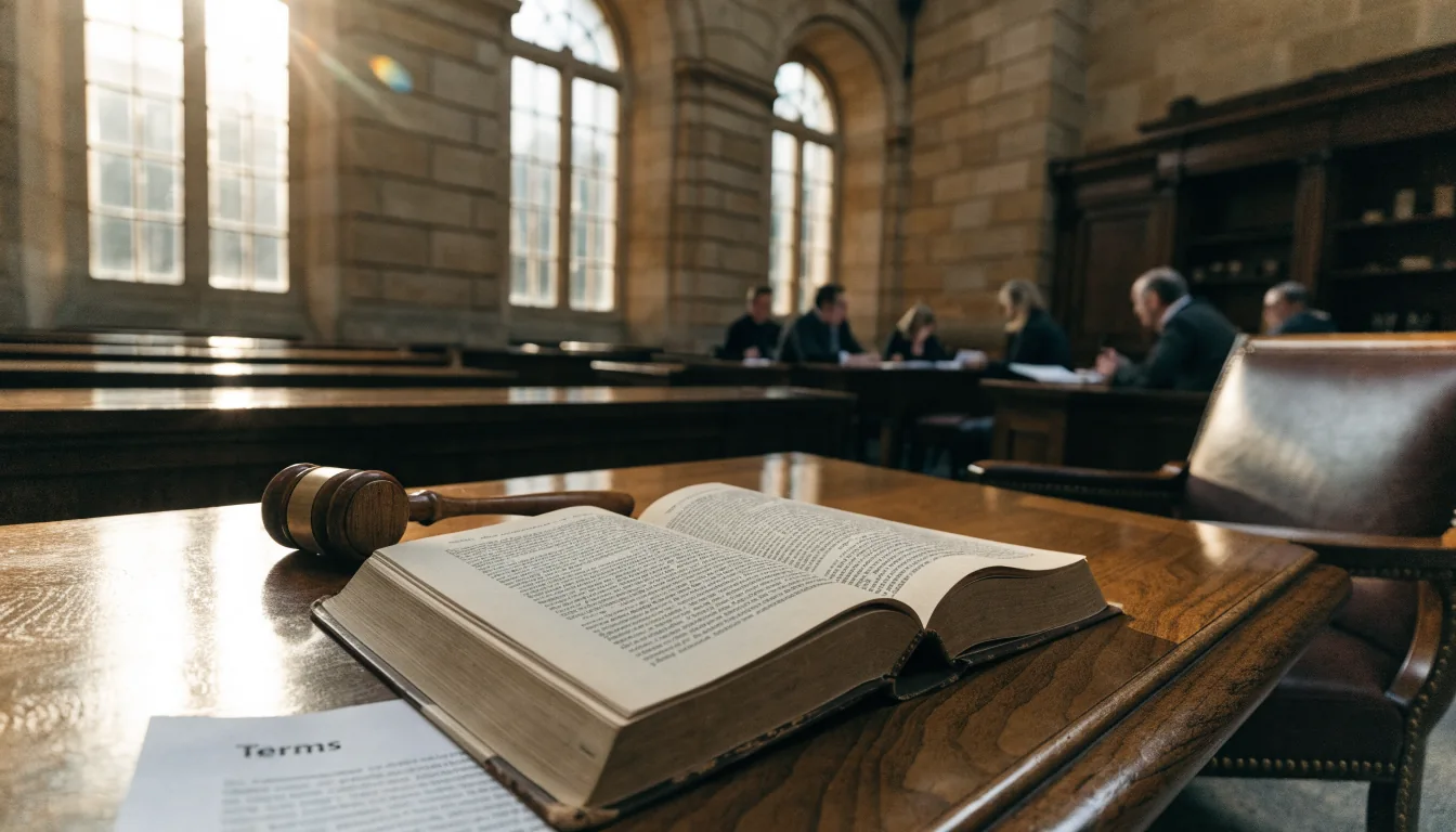 Gavel and legal book on a wooden desk in a formal chamber
