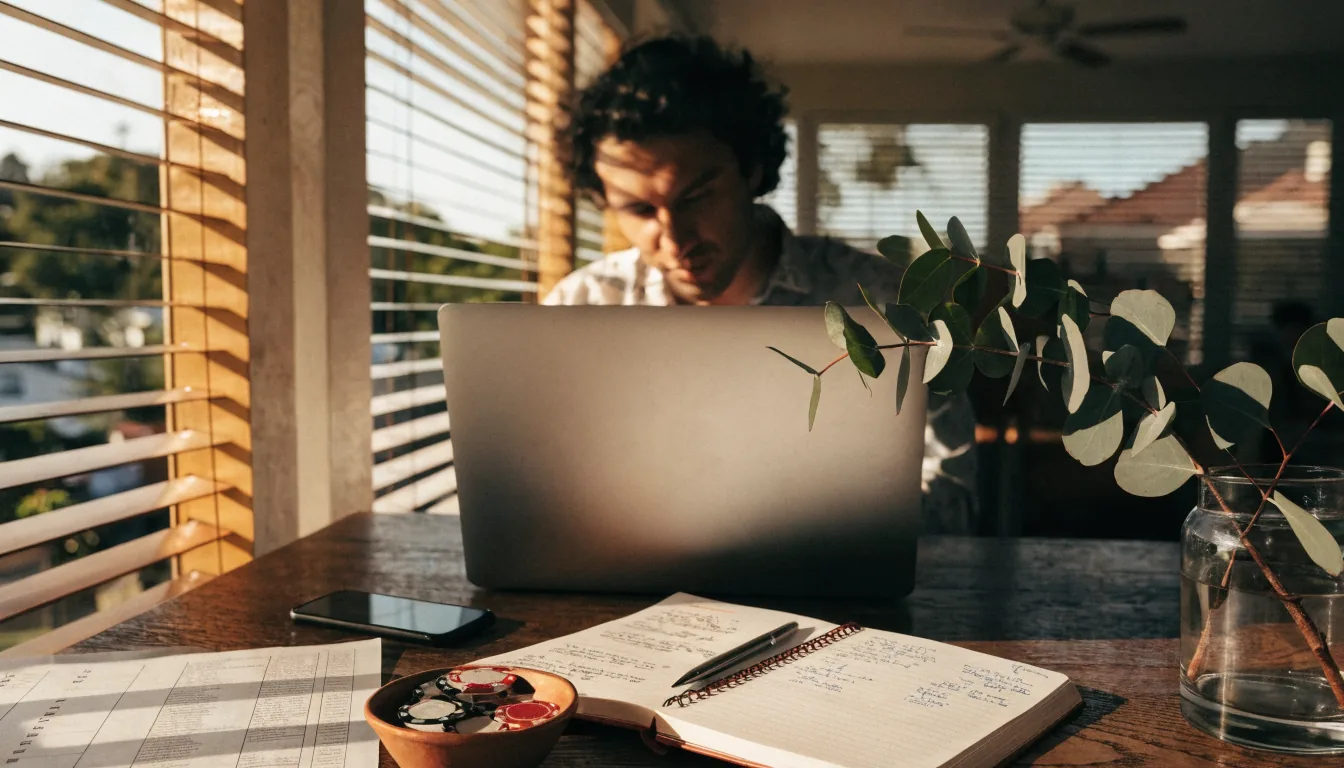 Australian home veranda with laptop, notes, smartphone, and casino chips on a wooden table.