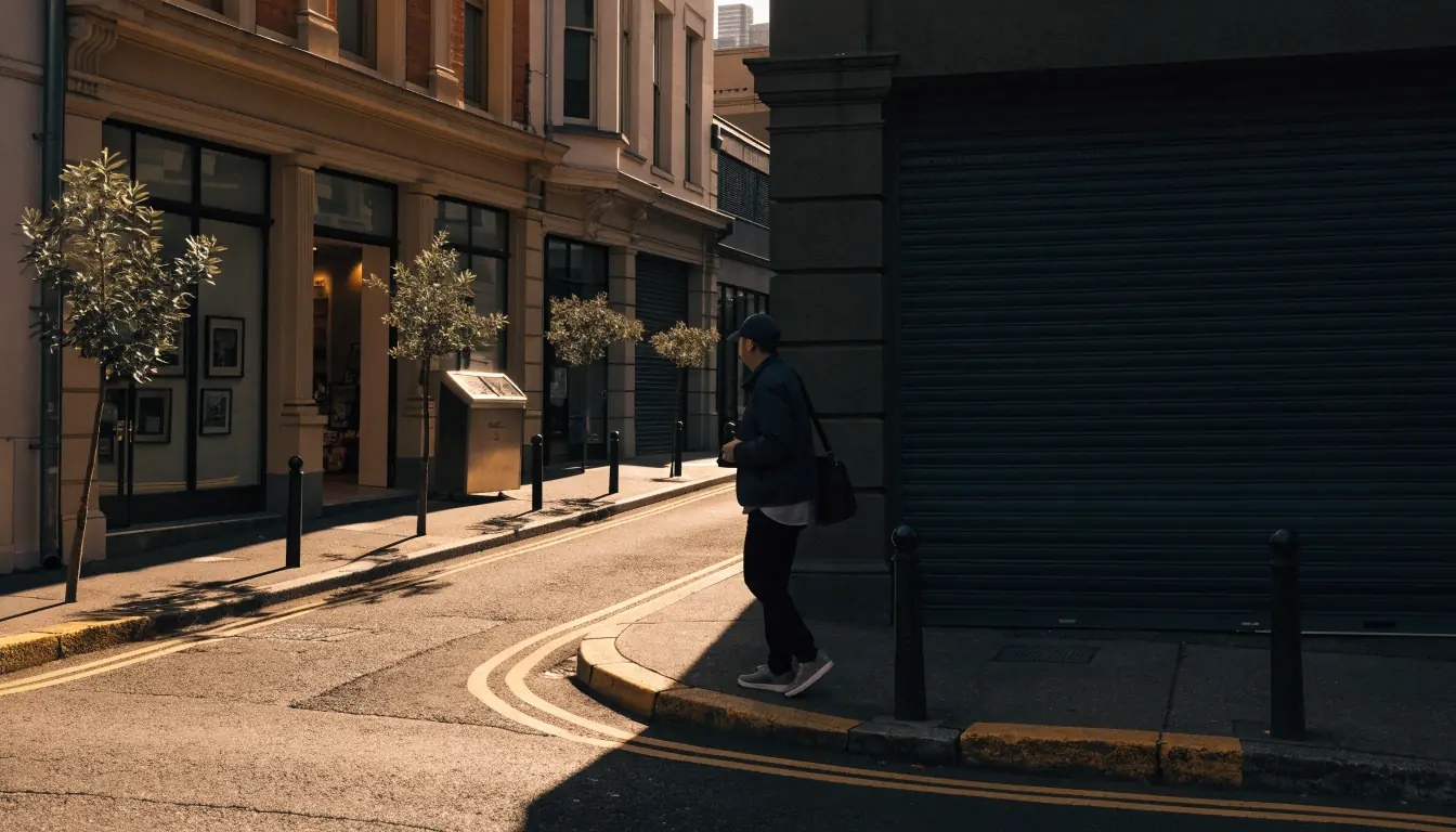 Pedestrian at Australian corner choosing between two lit laneways