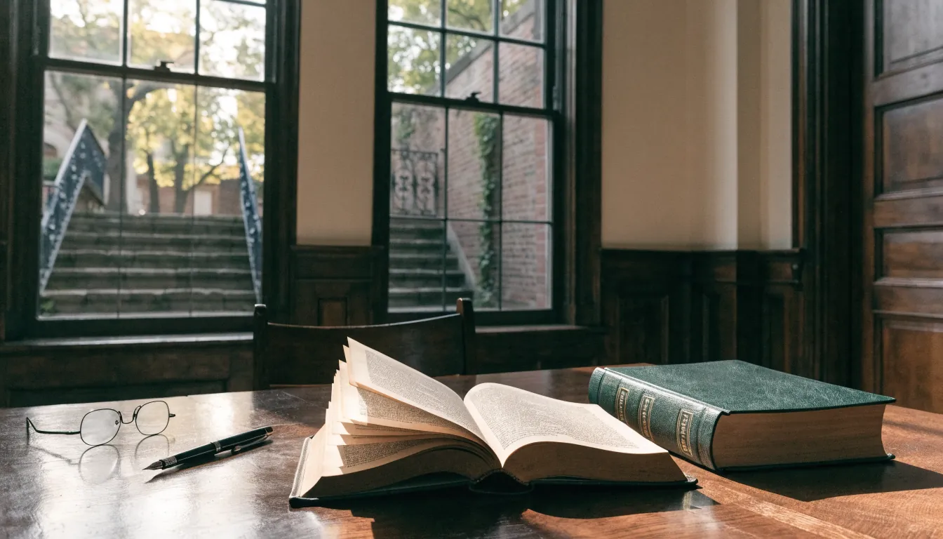 Two leather-bound legal volumes on wooden table in Australian chamber