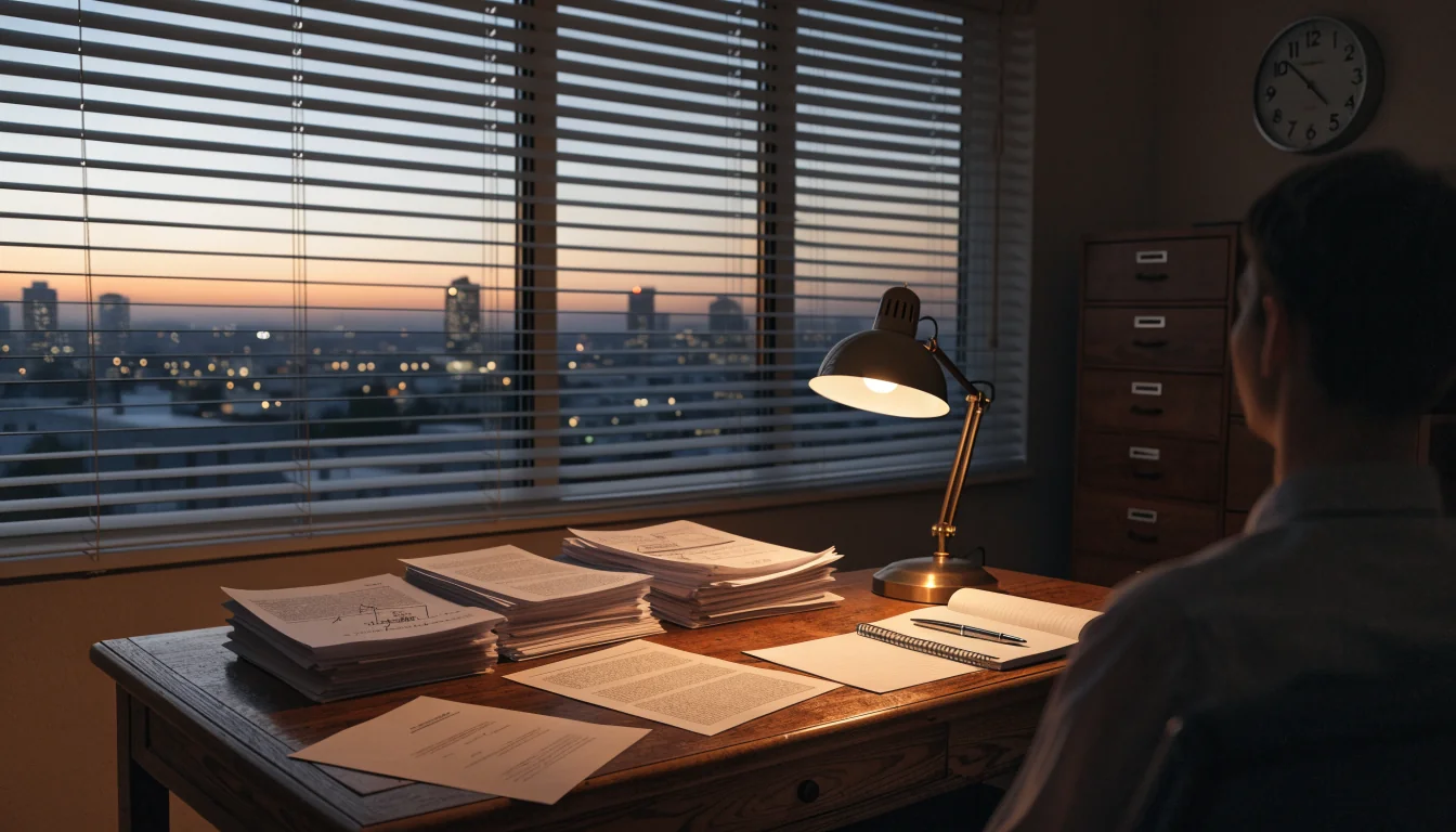 Australian regulatory office desk with paperwork and lamp at dusk