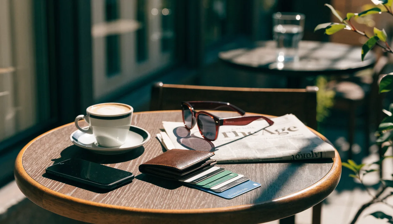 Opened wallet with credit cards and face-down phone on cafe table