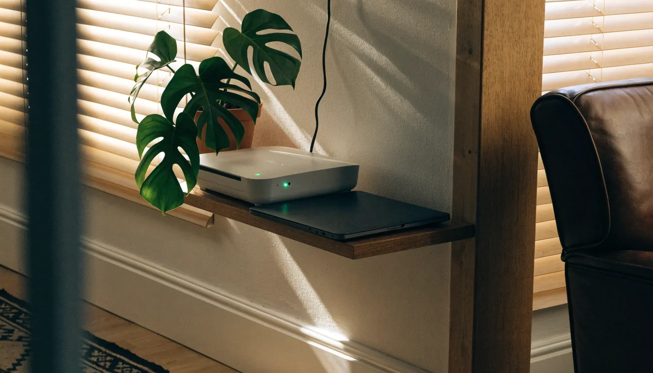 Australian living room router with blinking light beside closed laptop