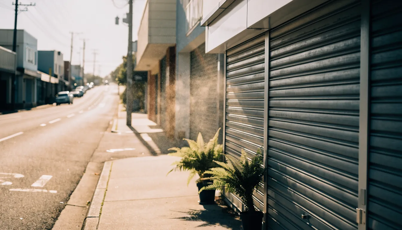 Empty Australian storefront with metal shutters pulled halfway down