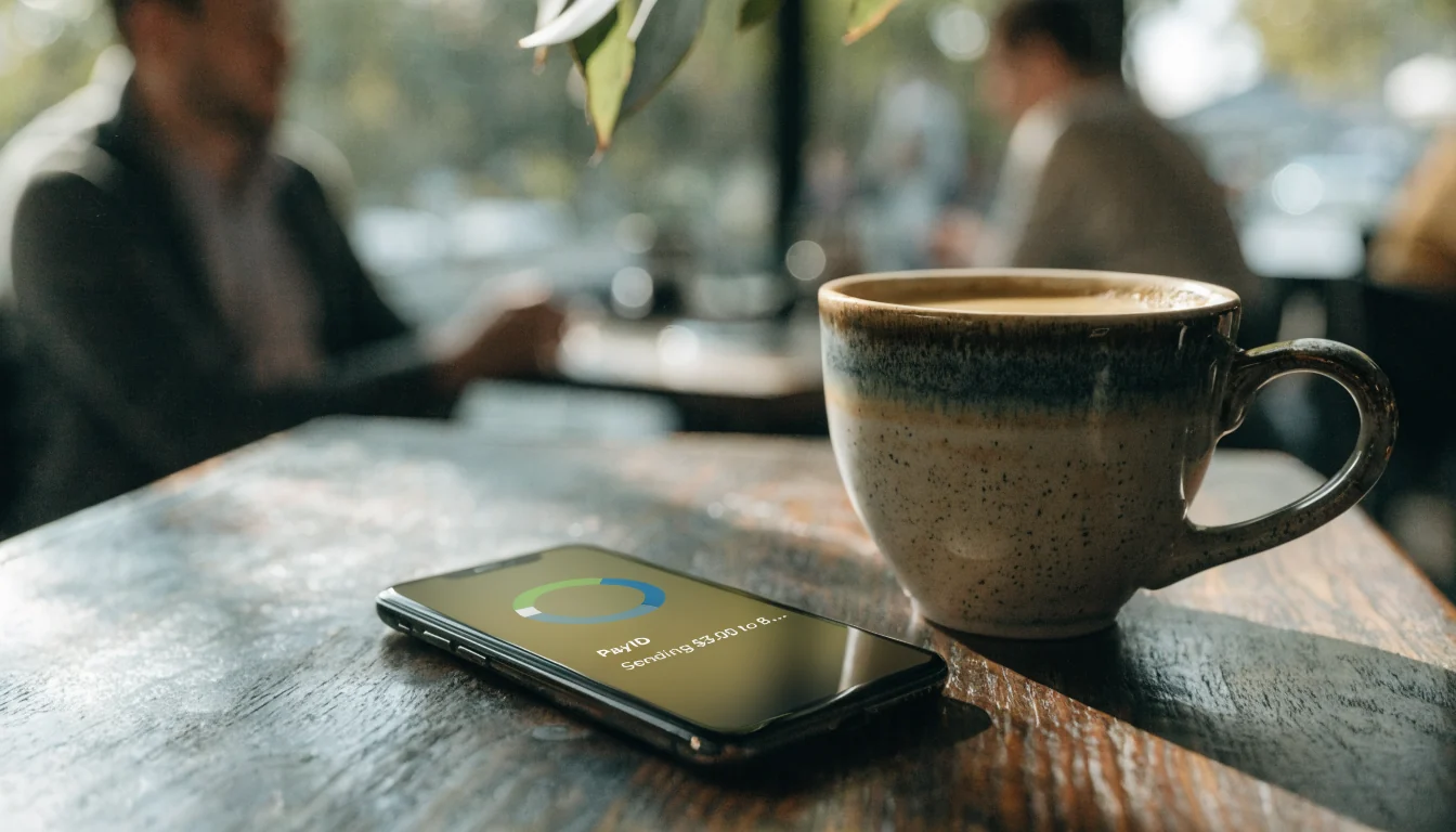 Smartphone with payment notification on a café table in Australia