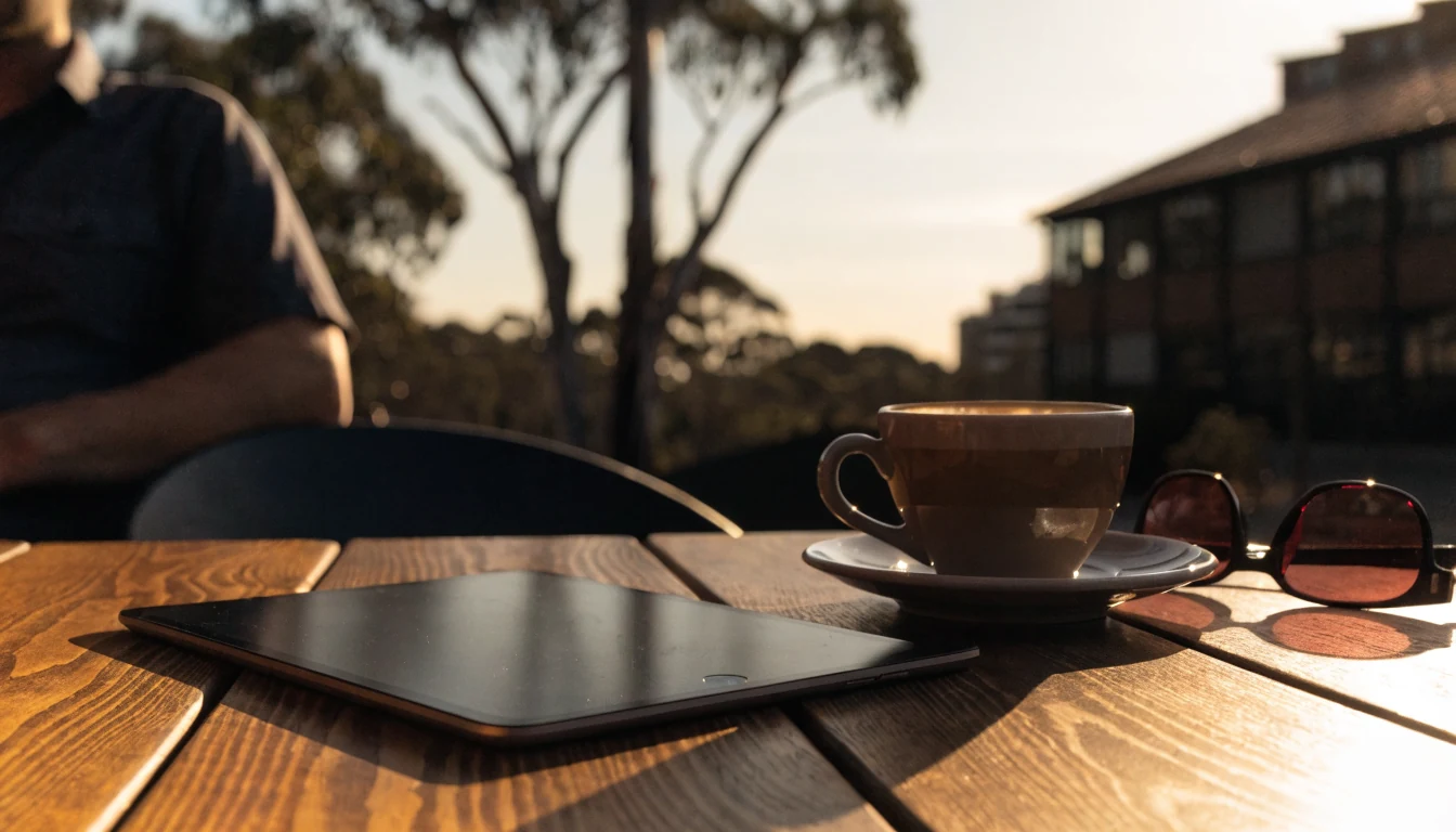 iPad on an outdoor Australian cafe table with coffee and eucalyptus backdrop