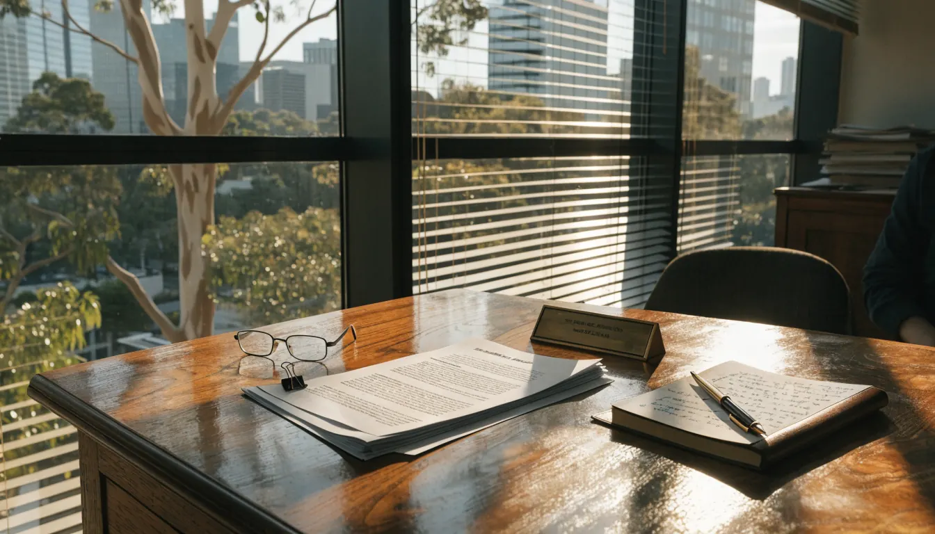 Legal documents on a sunlit desk in an Australian office with city view