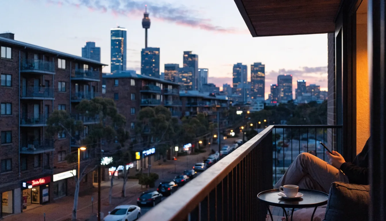 Person relaxing on balcony with smartphone in Australian city at dusk.