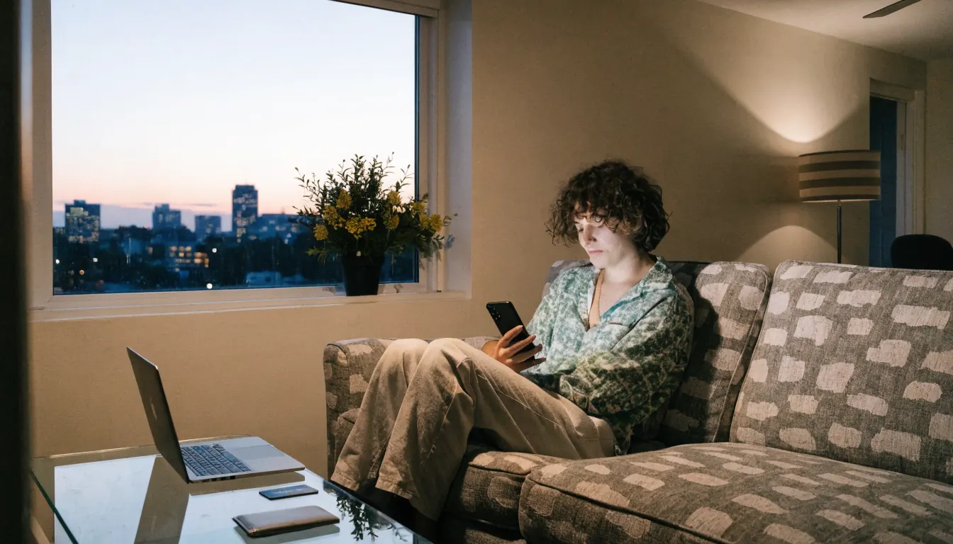 Australian home scene with smartphone, laptop, card, and wattle plant on windowsill.