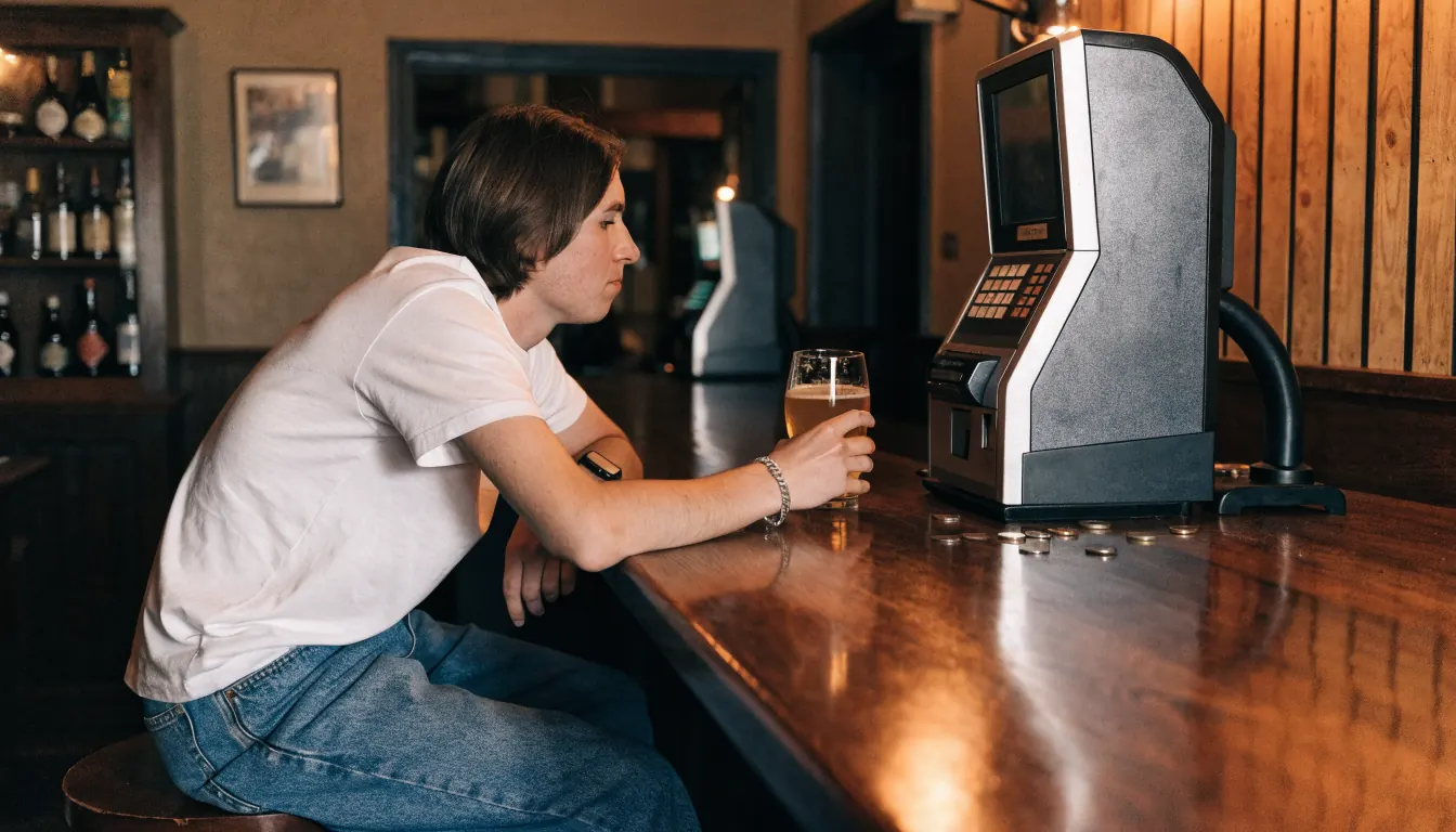 Pensive patron at an Australian pub bar with a pokie machine facing away, beer glass on counter
