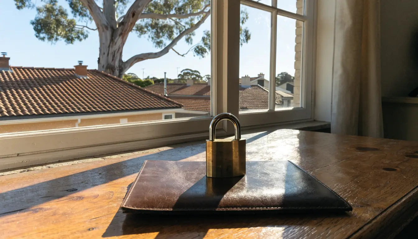 Brass padlock on closed folder with Australian suburban view through window.
