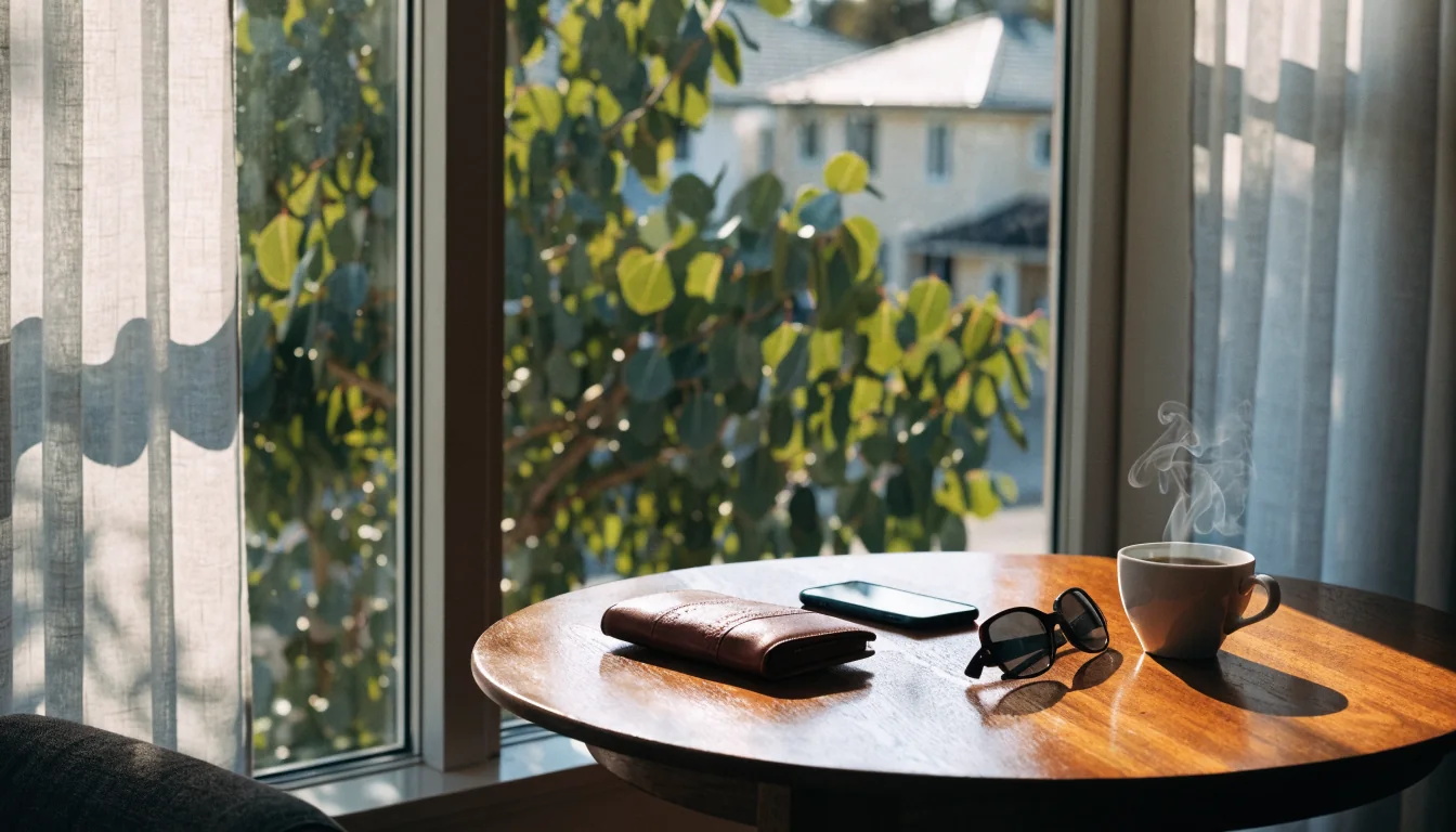 Closed wallet and phone on a sunlit table in a modern Australian home interior.