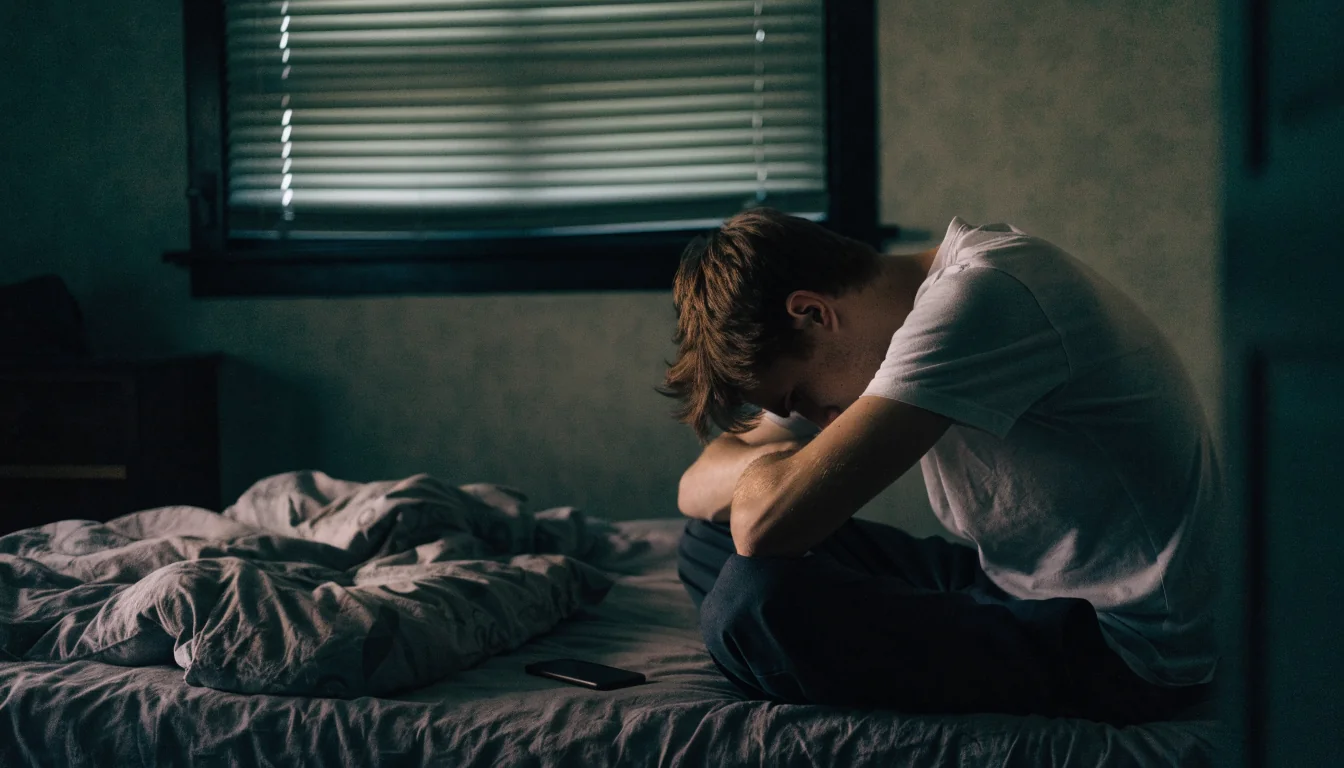 Man sitting on bed in dim bedroom reflecting, phone face-down beside him