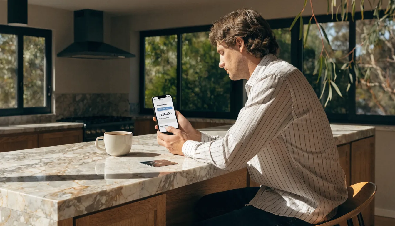 Australian man checking fast funds arrival notification on phone at sunlit kitchen