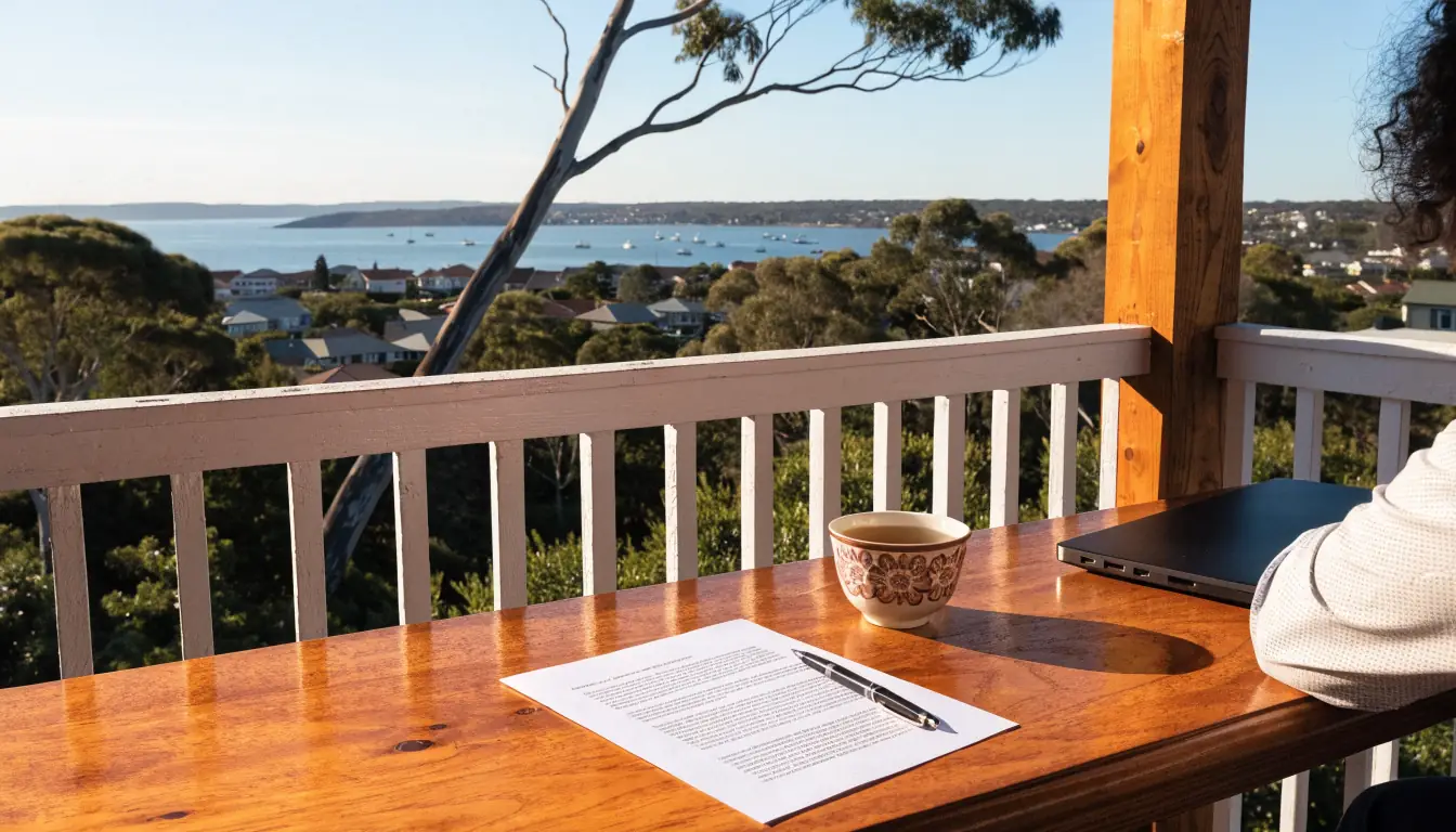 Printed Terms of Use document on a wooden veranda desk in coastal Australia.