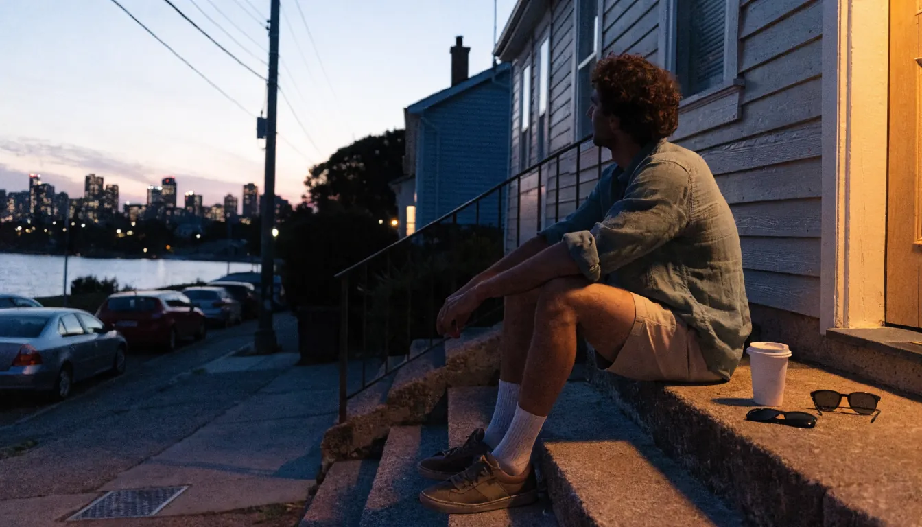 Australian man on porch steps at dusk with a closed phone beside coffee